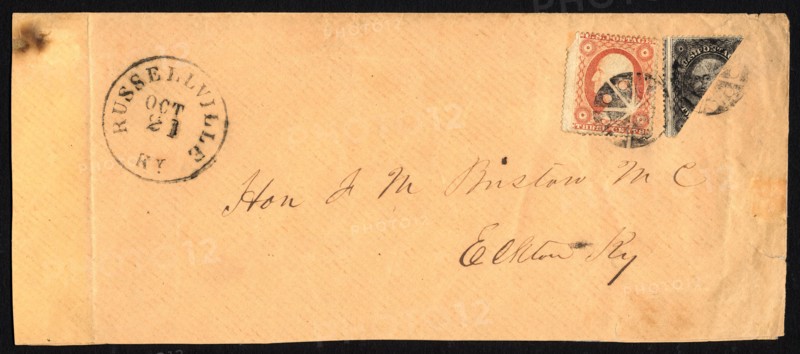 12c Washington bisect with 3c Washington single on cover, 1857-1861. Creator: Unknown.