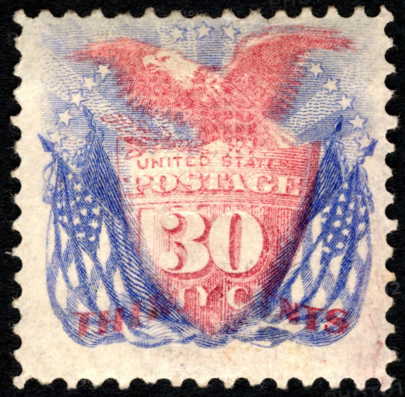 30c Shield, Eagle and Flags G Grill single, 1869. Creator: Unknown.