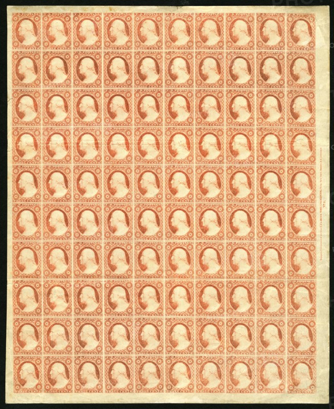 3c Washington imperforate pane of one hundred, 1851. Creator: Unknown.