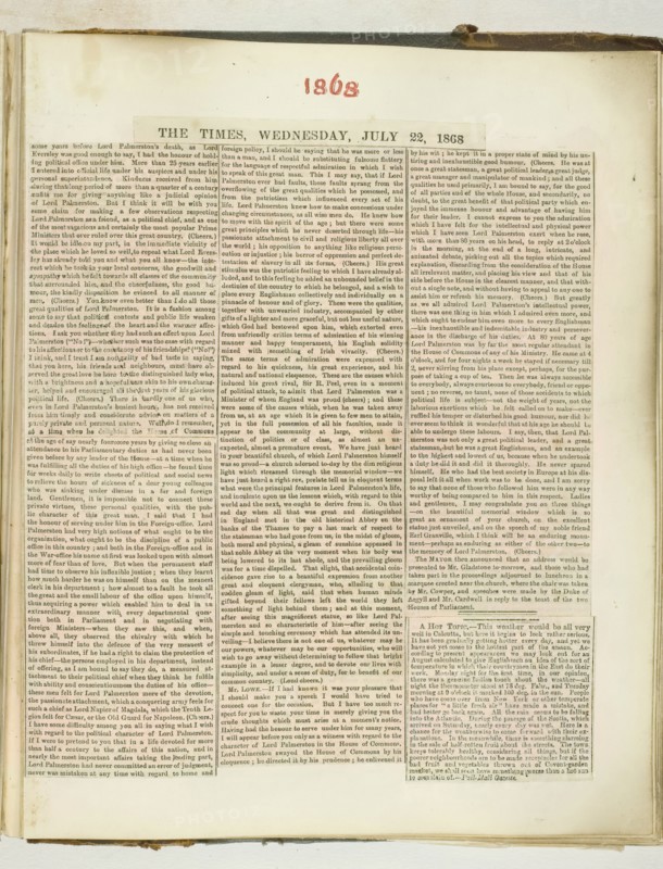 Untitled [cuttings from "The Times" newspaper], 22 July 1868.  Creator: Georgina Cowper.