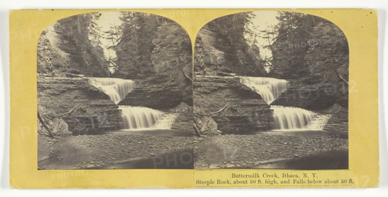 Buttermilk Creek, Ithaca, N.Y. Steeple Rock, about 50 ft. high, and Falls below about 50 ft., 1860/6 Creator: J. C. Burritt.