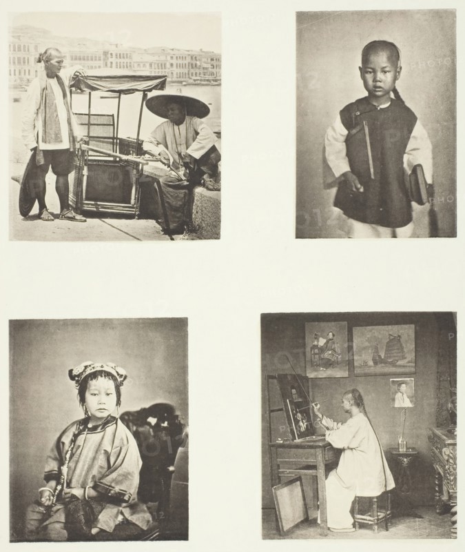 A Hong-Kong Sedan Chair; A Chineses School-Boy; A Chinese Girl; A Hong-Kong Artist, c. 1868. Creator: John Thomson.