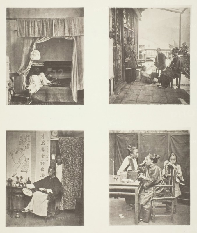 A Whiff of the Opium Pipe at Home; After Dinner; Reading for Honours; The Toilet, c. 1868. Creator: John Thomson.