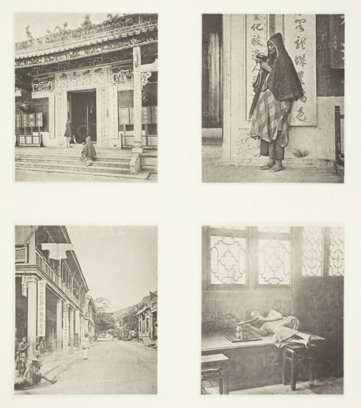 Front of Kwan-Yin Temple, Hong-Kong; A Mendicant Priest; A Street in Hong-Kong; Opium..., c. 1868. Creator: John Thomson.
