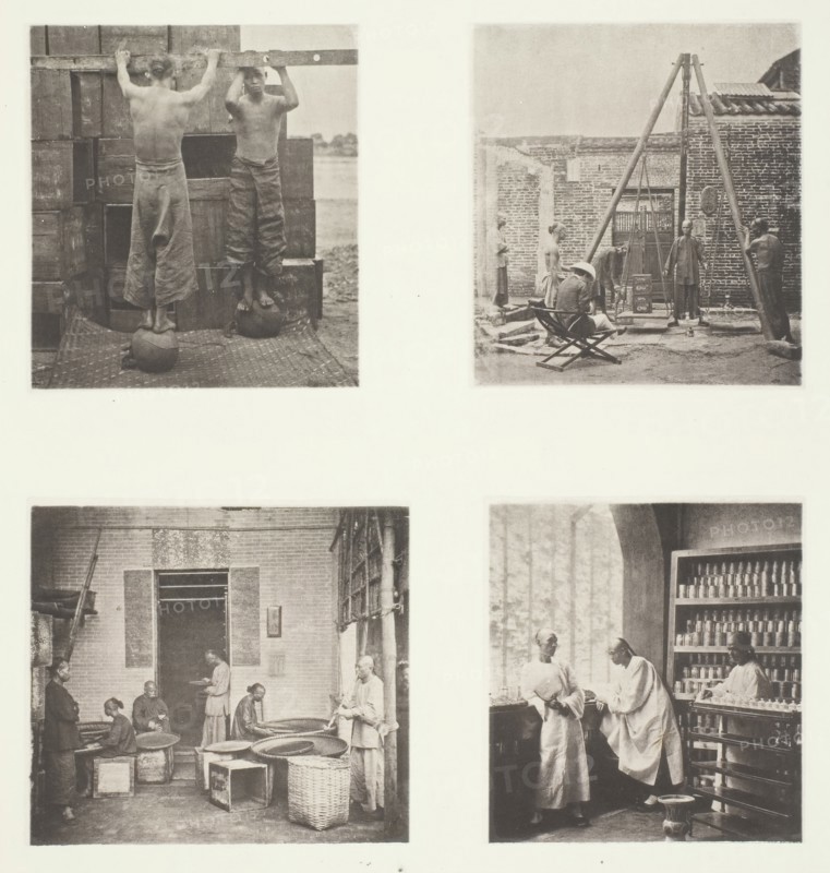 Rolling Scented Caper and Gunpowder Teas; Weighing Tea for Exportation; A Tea House..., c. 1868. Creator: John Thomson.