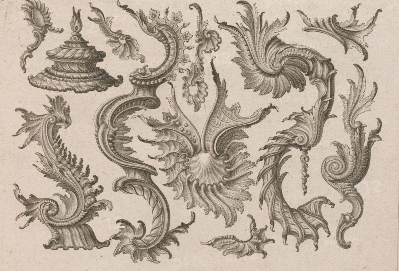 Various Designs for Rocaille Ornaments, Plate 4 from: 'Fortsezung von unter..., Printed ca. 1750-56. Creator: Jeremias Wachsmuth.