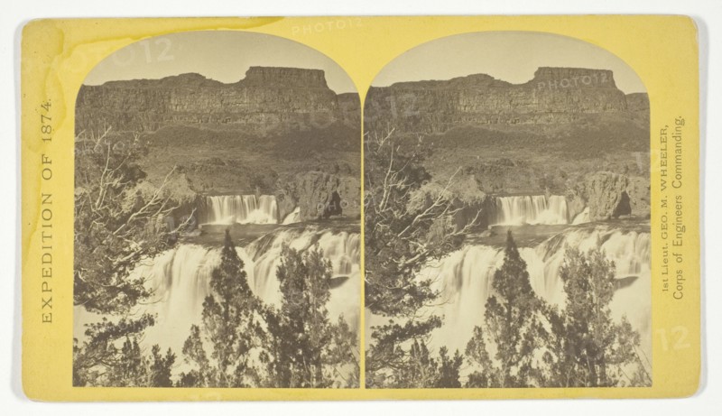 Shoshone Falls, Snake River, Idaho, looking through the timber, and showing the main fall..., 1874. Creator: Tim O'Sullivan.