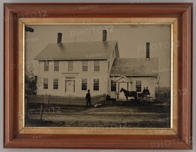 Untitled (House with Horse-Drawn Carriage and Three People), 1865. Creator: Unknown.