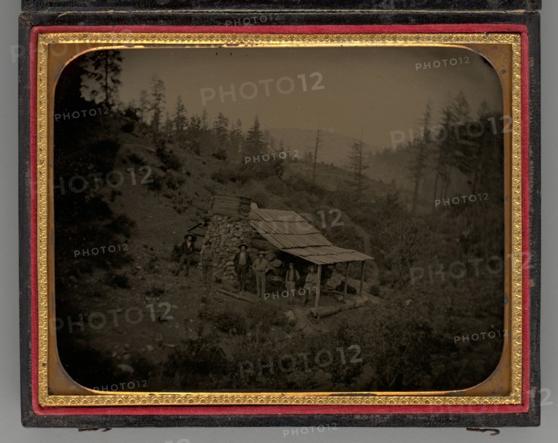 Untitled (Miners and Log Cabin), 1856. Creator: Unknown.