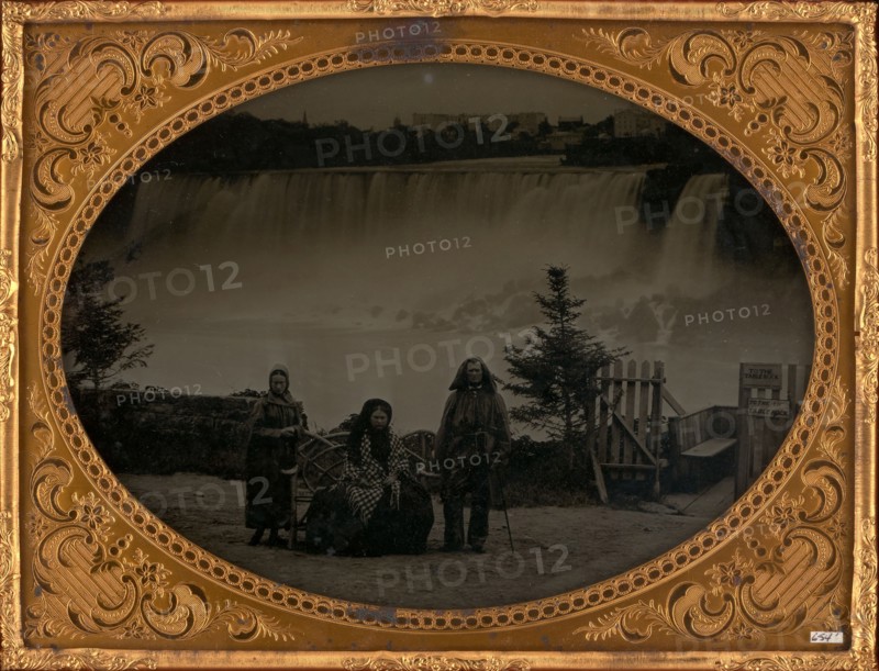 Untitled (Portrait of a Man and two Women in Front of Niagara Falls), 1870. Creator: Unknown.