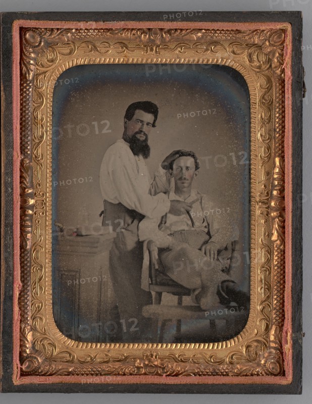 Untitled (Portrait of Two Men; a Barber and Client), 1863. Creator: Unknown.