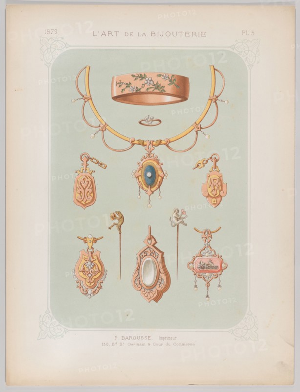 Jewelry Designs in Gold and Rose Gold, 1879. Creator: Jean François Barousse.