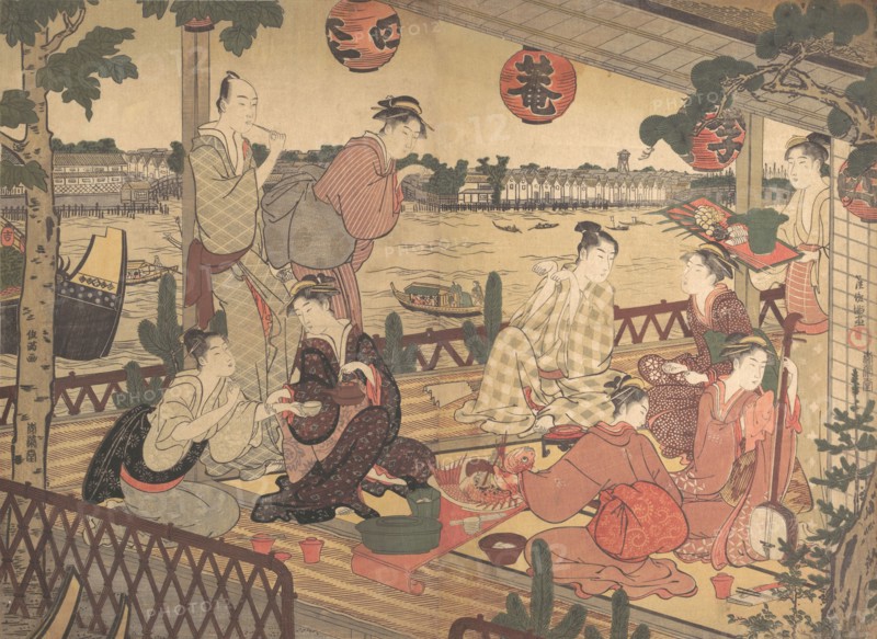 Two Young Men and Several Women Dining at a Tea-house on the Bank of the Sumida River, ca. 1788. Creator: Kubo Shunman.