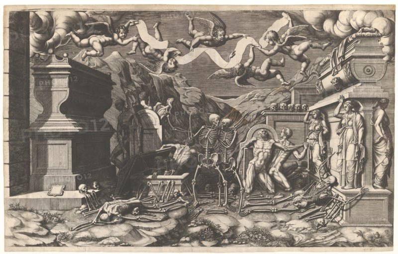 The Vision of Ezekiel; a group of corpses and skeletons emerging out of tombs, above them ..., 1554. Creator: Giorgio Ghisi.
