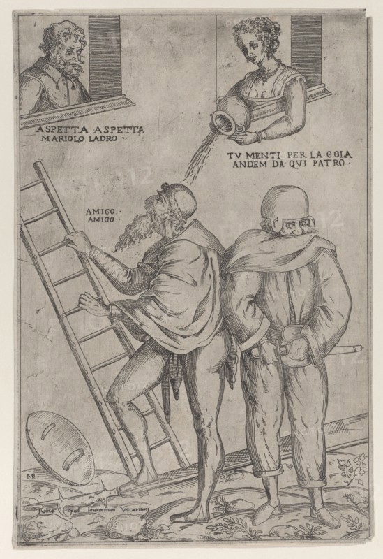 A man climbs a ladder while a woman throws water on him from above, 1575-99. Creator: Giovanni Ambrogio Brambilla.