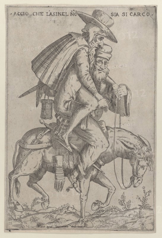 Caricature with two men on a mule, 1575-99. Creator: Giovanni Ambrogio Brambilla.