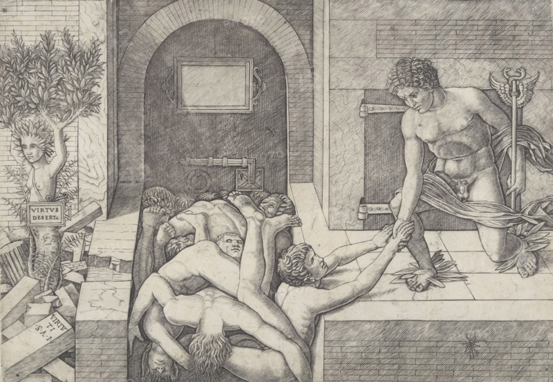 Ignorance and Mercury (an allegory of Virtue and Vice), Mercury kneeling at right..., ca. 1490-1525. Creator: Giovanni Antonio da Brescia.