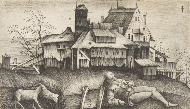 The old shepherd lying in a landscape, buildings behind, a goat and a sheep to th..., ca. 1500-1515. Creator: Giulio Campagnola.