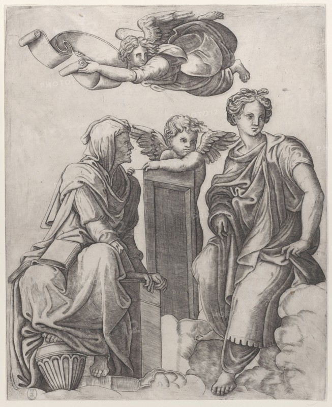 Two female figures seated in the clouds flanking an angel and another flying above ..., ca. 1510-25. Creator: Giovanni Antonio da Brescia.