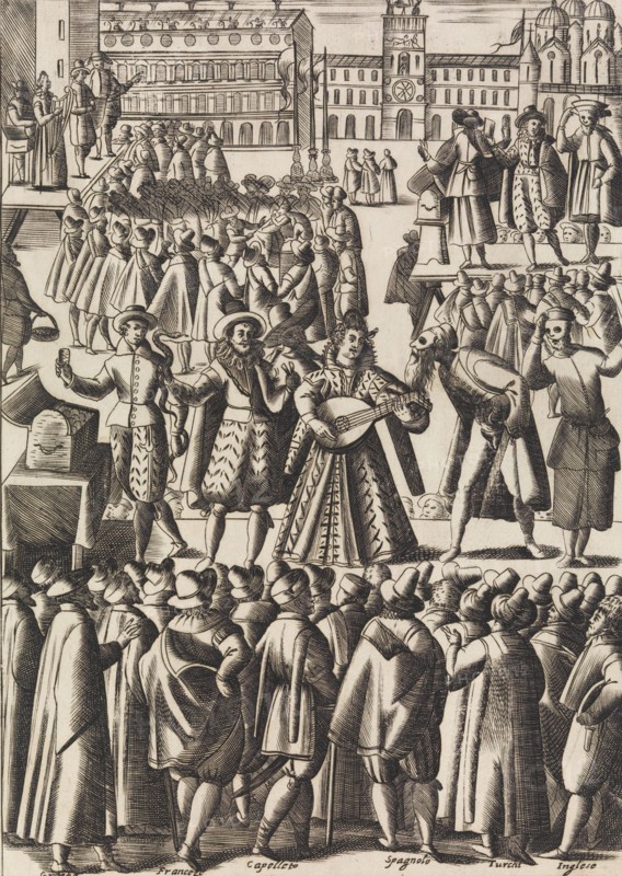 Intartenimento che dano ogni giorno li Ciarlatani in Piazza di S. Marco al Populo..., ca. 1610. Creator: Giacomo Franco.