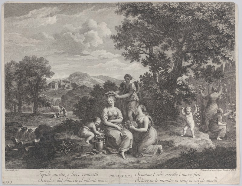 Primavera, a group of women collecting flowers and making crowns from them, ca. 1764. Creator: Giovanni Volpato.