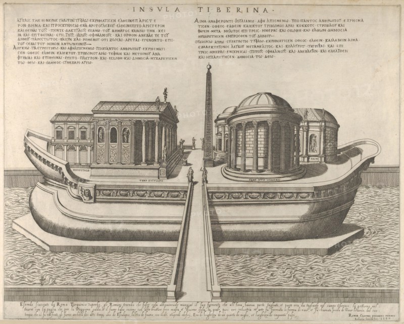 View of the Tiber Island represented as a ship, the Temple of Aesculapius at left, 1582., 1582. Creator: Giovanni Ambrogio Brambilla.