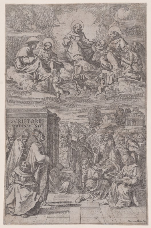 Ecclesiastics in a landscape writing, others in the heavenly realm above, c1650. Creator: Giovanni Cesare Testa.