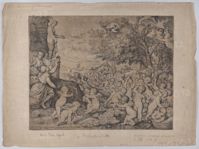 Putti before a statue of Venus; after Titian, 1636. Creator: Giovanni Andrea Podestà.