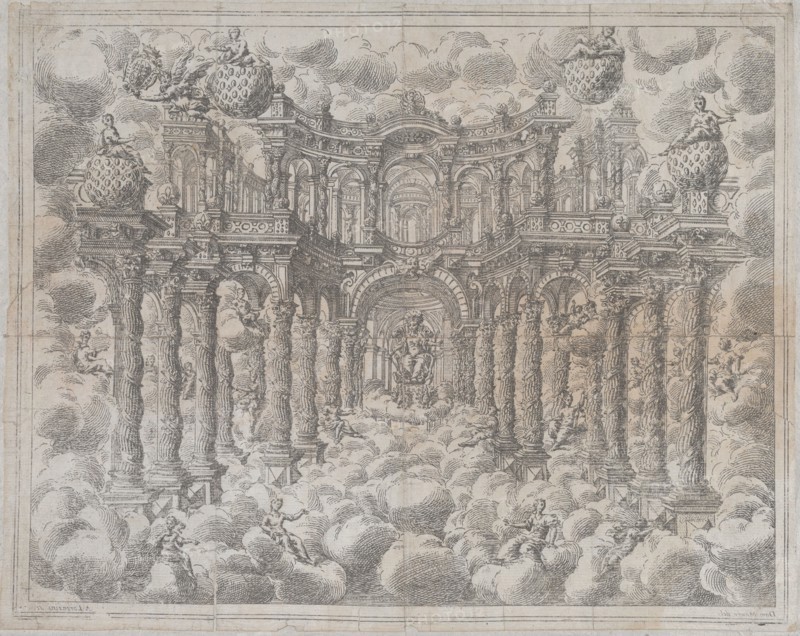 Plate 2 [counterproof]: Stage set with allegorical figures seated among the clouds, with a..., 1690. Creator: Giovanni Antonio Lorenzini.