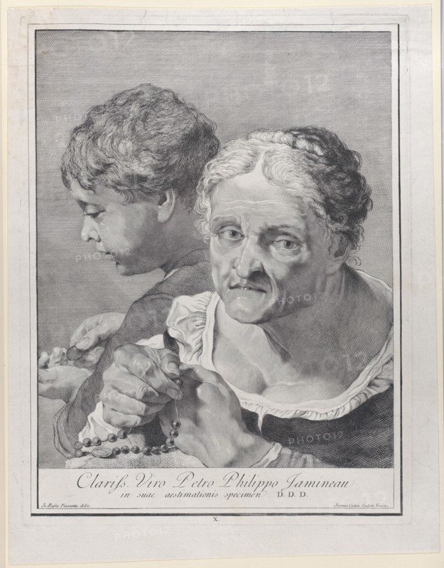 Old woman with a rosary and a boy counting coins, 1743.  Creator: Giovanni Cattini.
