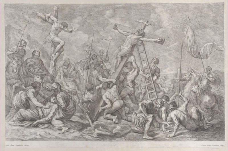 The Crucifixion, with the lowering of the cross at center, soldiers throughout, and a thie..., 1762. Creator: Giovanni Battista Cipriani.