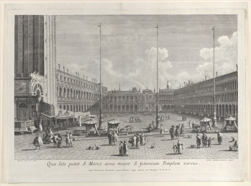 View of Piazza San Marco, with the church of San Geminiano at the far end, and figures and..., 1763. Creator: Giovanni Battista Brostoloni.