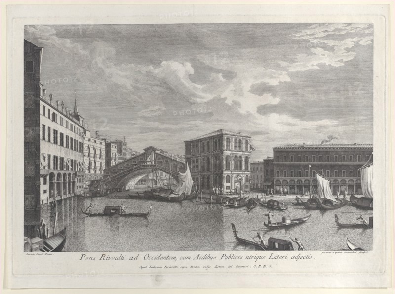The Rialto Bridge, Venice, with boats and gondolas in the water, 1763. Creator: Giovanni Battista Brostoloni.