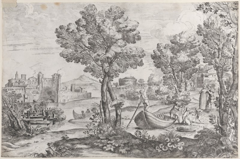 Landscape with a man holding a snake to a terrified child, watched by a fashionably dre..., 1626-80. Creator: Giovanni Francesco Grimaldi.