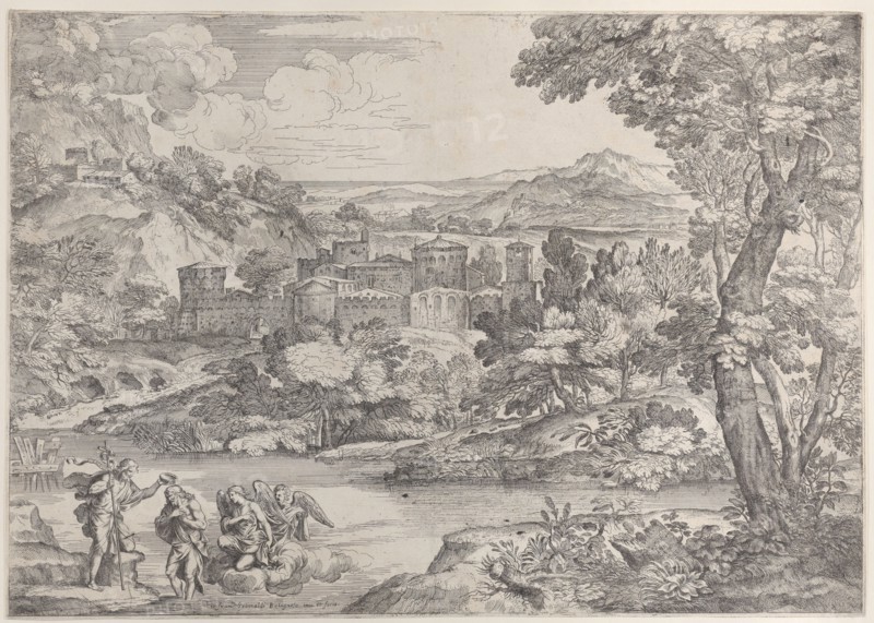 The Baptism of Christ at lower left, within a landscape, 1626-80., 1626-80. Creator: Giovanni Francesco Grimaldi.