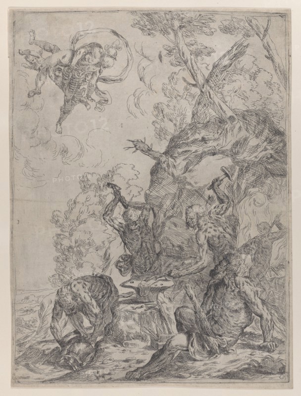 The forge of Vulcan with smiths striking an anvil with hammers..., 1640-59. Creator: Giovanni Pietro Possenti.