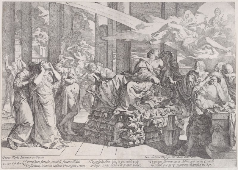 The suicide of Dido who reclines on a pyre in centre, surrounded by many figures, 1650-55. Creator: Giovanni Cesare Testa.