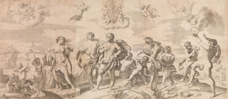 Bacchus with his companions discovering Ariadne on the island of Naxos, after Reni, 165..., 1650-80. Creator: Gian Battista Bolognini.