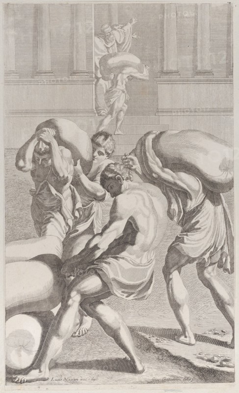 Men bringing bags of lead into Saint Benedict's monastery, 1687-1717. Creator: Giacomo-Maria Giovannini.