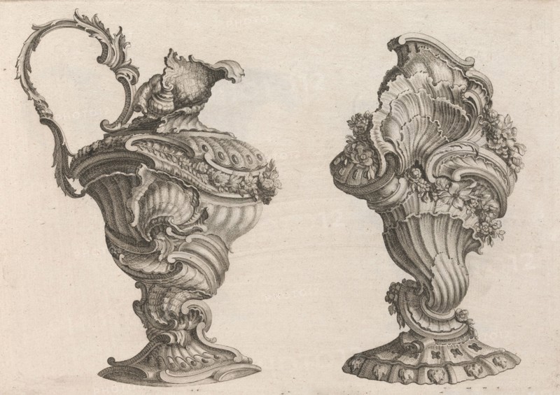Designs for a Ewer and a Lidded Vase, Plate 2 from: 'Schöne und auf die neu..., Printed ca. 1750-56. Creator: Jeremias Wachsmuth.