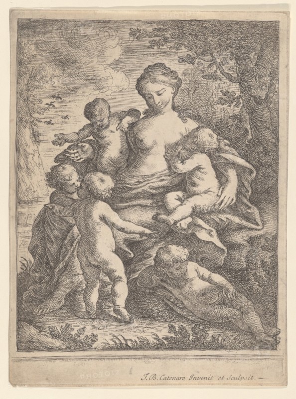 Charity, seated in a landscape surrounded by five nude children, 1692-1727. Creator: Giovanni Battista Catenaro.