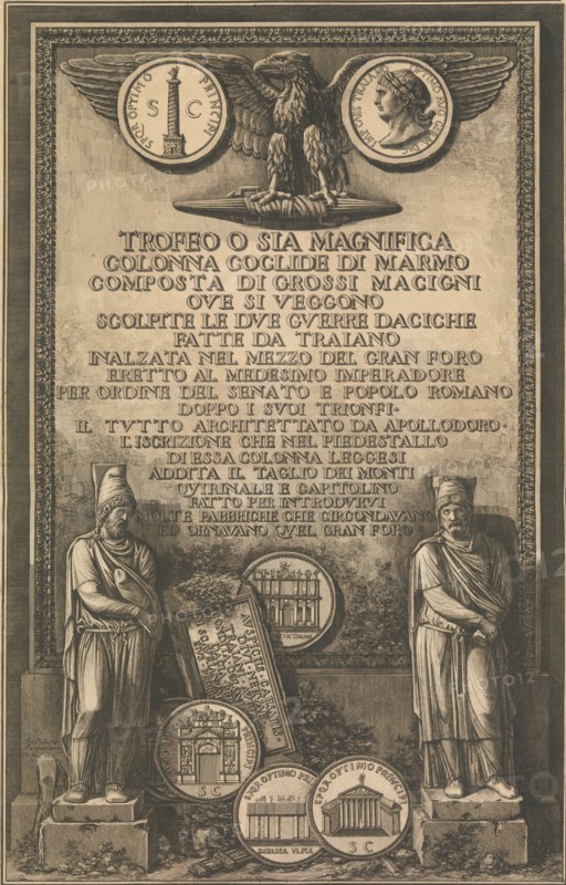 Title page with eagle, coin showing image of Trajan's Column, classical sculptures, 1774-79. Creator: Giovanni Battista Piranesi.