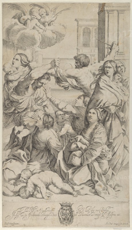 Massacre of the Innocents; group of women and children being attacked, two angels a..., ca. 1640-70. Creator: Gian Battista Bolognini.