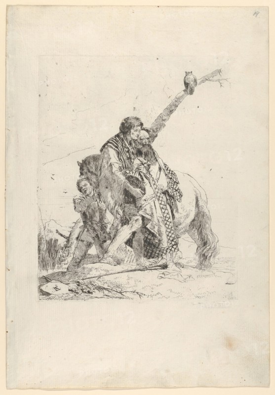 Three Men standing beside a Horse, from the Scherzi, ca. 1740. Creator: Giovanni Battista Tiepolo.
