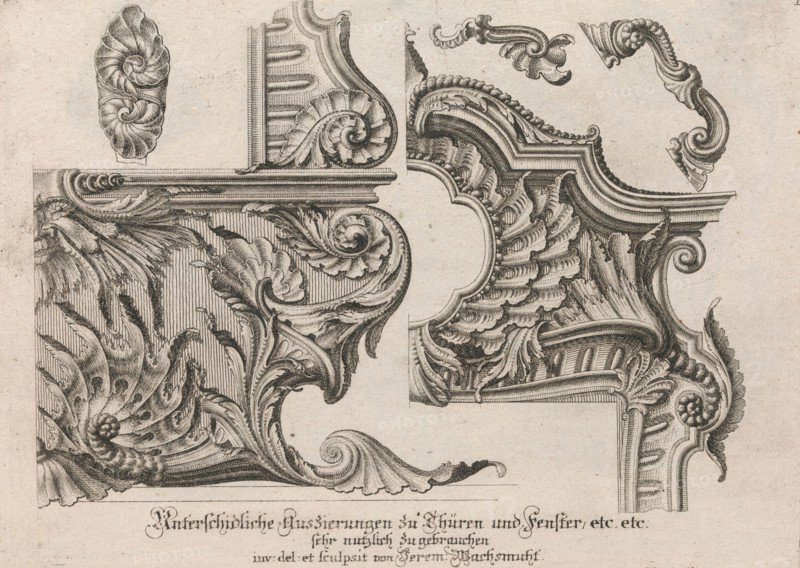 Suggestion for the Decoration of the Lower and Top Right of a Frame, Plate ..., Printed ca. 1750-56. Creator: Jeremias Wachsmuth.