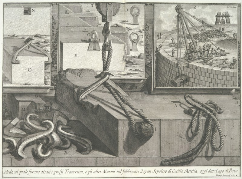 Means by which the large blocks of travertine and marble were lifted..., 1756-57. Creator: Giovanni Battista Piranesi.