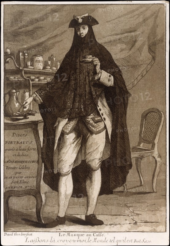 A man wearing a mask drinking a cup of coffee (Le Masque au Caffé), 1775. Creator: Giovanni David.