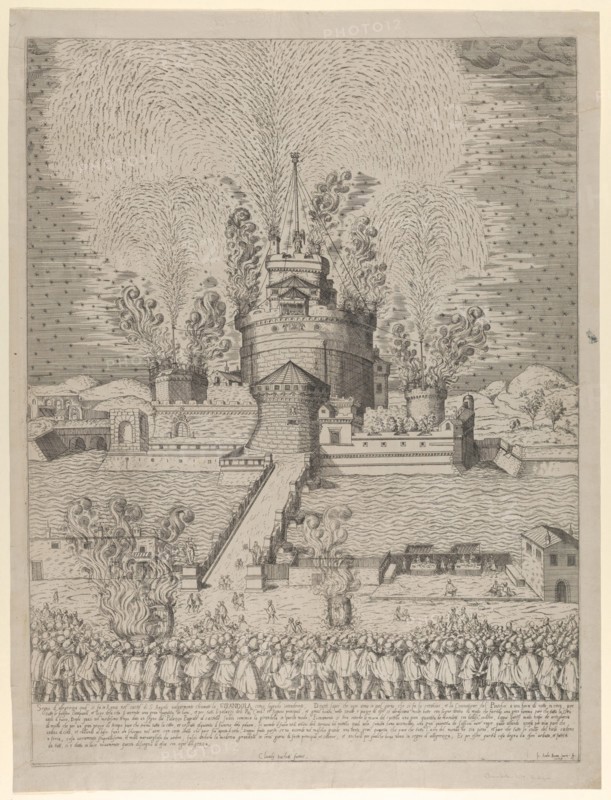 The firework display called 'Girandola' at the Castello Sant'Angelo in Rome, a nocturnal s..., 1579. Creator: Giovanni Ambrogio Brambilla.
