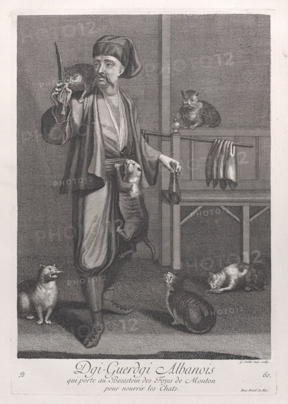 Dgi-Guerdgi Albanois, qui porte au Bezestein des Foyes de Mouton pour nourrir les Chats..., 1714-15. Creator: Unknown.