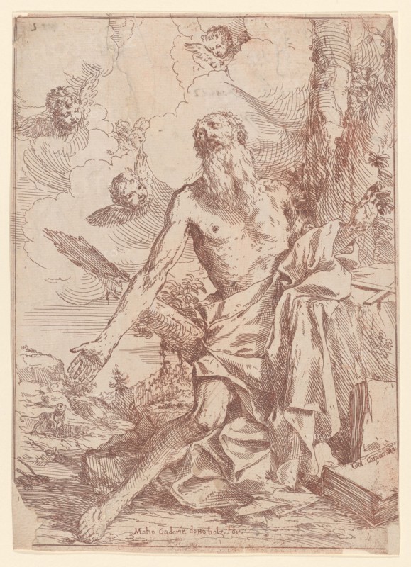 Saint Jerome kneeling beside a tree with his arms outstretched, 1640-60. Creator: Giulio Carpioni.